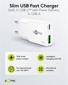 Mrežni GaN adapter USB-C + USB-A (30W)