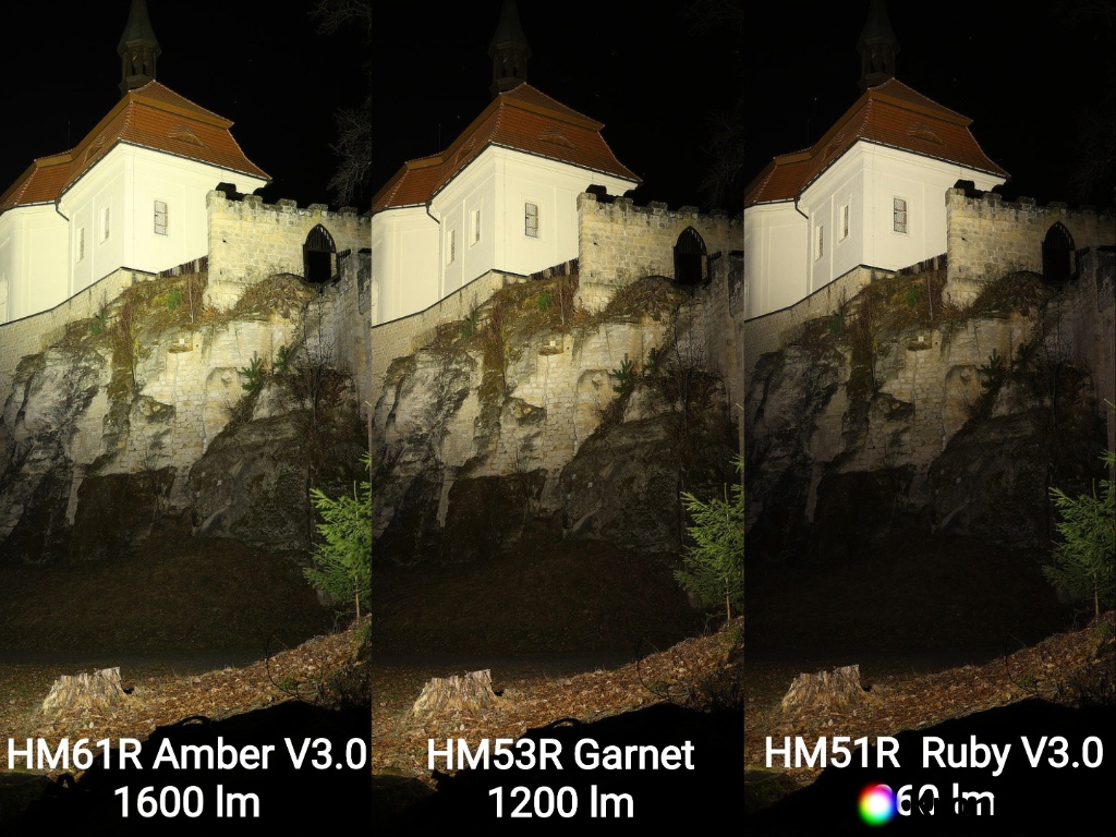 Prikaz bijelog svjetla čeone svjetiljke Fenix HM61R Amber V3.0